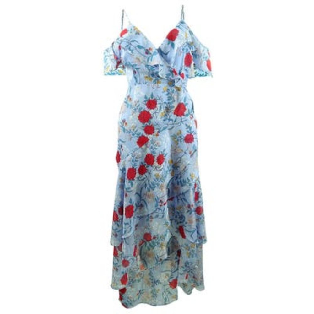 New Women's Bardot Blue/Red Floral High-Low Dress